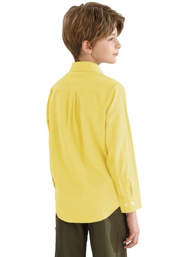 QBK Boys' 2T-16Y Long Sleeve Button Down Shirt for Kids Woven Solid Two Pockets Wrinkle-Resistant, Yellow, 10 Years - Image 2