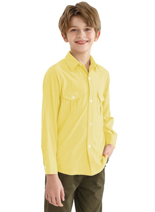 QBK Boys' 2T-16Y Long Sleeve Button Down Shirt for Kids Woven Solid Two Pockets Wrinkle-Resistant, Yellow, 10 Years - Image 1