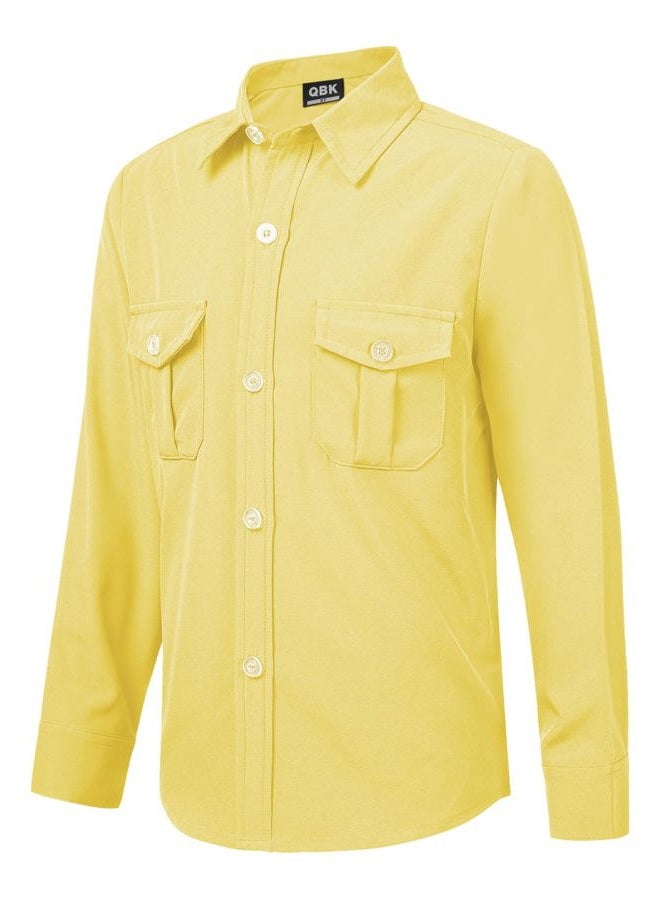 QBK Boys' 2T-16Y Long Sleeve Button Down Shirt for Kids Woven Solid Two Pockets Wrinkle-Resistant, Yellow, 10 Years - Image 5