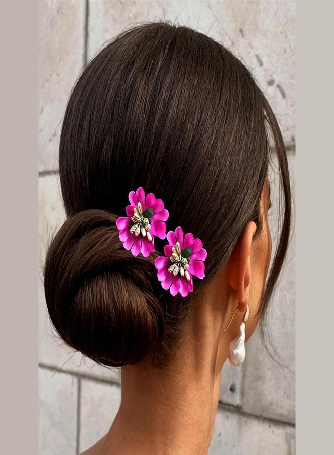 Hair Flare Fabric Flower with Pollens Hair Pin Set of 8, Dark Pink - Image 2