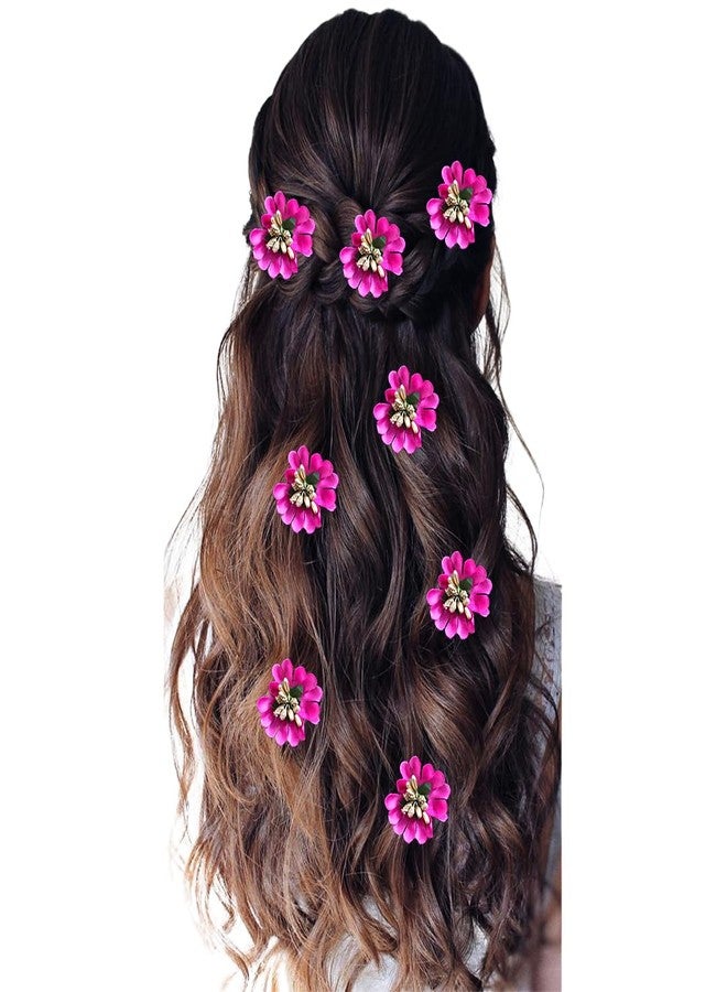 Hair Flare Fabric Flower with Pollens Hair Pin Set of 8, Dark Pink - Image 1