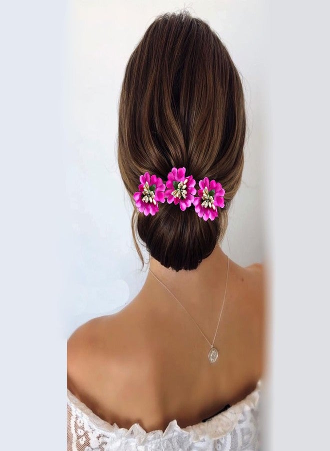 Hair Flare Fabric Flower with Pollens Hair Pin Set of 8, Dark Pink - Image 4