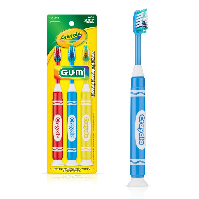 GUM Crayola Marker Childrenâ€™s Toothbrush, Soft Bristled Kidsâ€™ Toothbrush Set Age 3+, Suction Cup Base, 3 Count - Image 1
