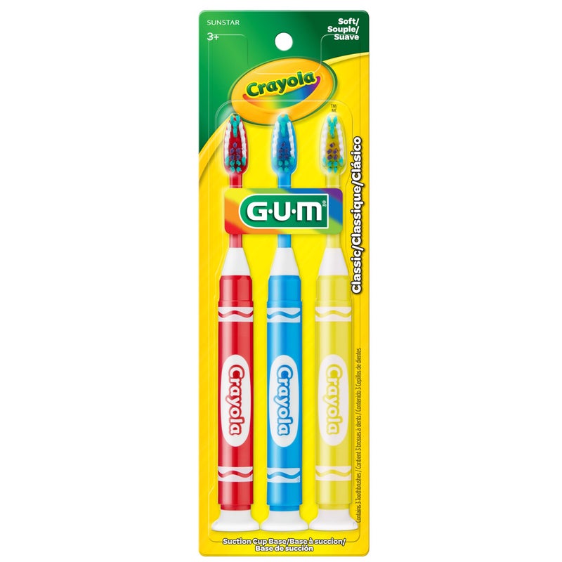 GUM Crayola Marker Childrenâ€™s Toothbrush, Soft Bristled Kidsâ€™ Toothbrush Set Age 3+, Suction Cup Base, 3 Count - Image 3