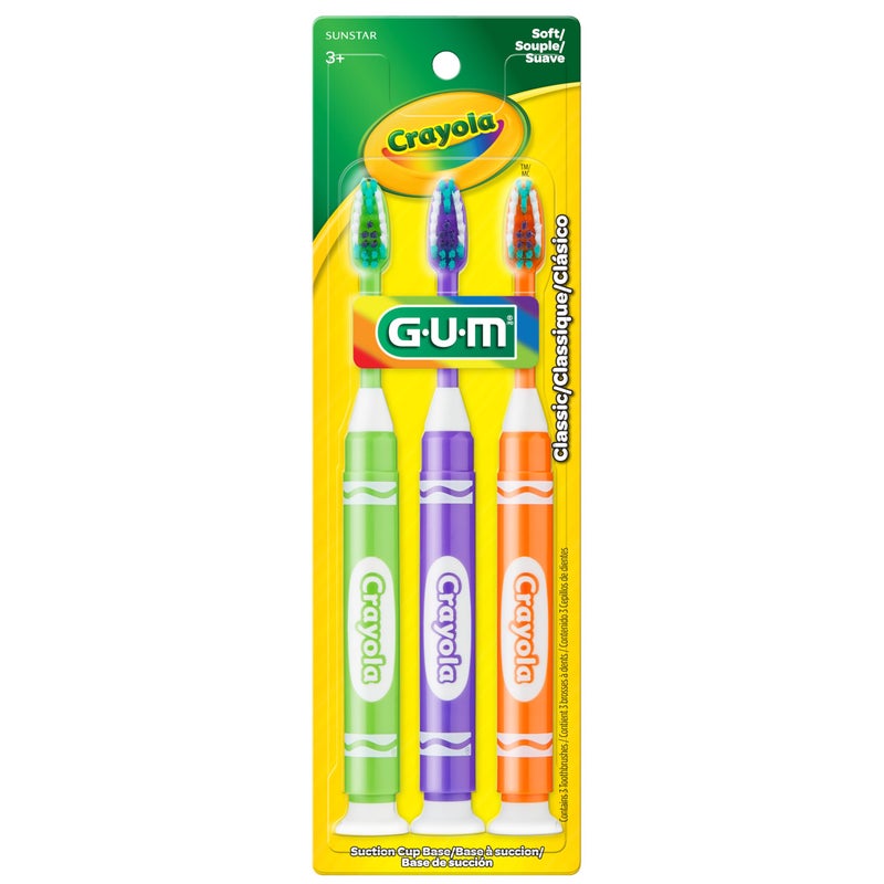 GUM Crayola Marker Childrenâ€™s Toothbrush, Soft Bristled Kidsâ€™ Toothbrush Set Age 3+, Suction Cup Base, 3 Count - Image 2