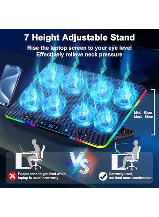 Cestbella RGB Laptop Cooling Pad with 8 Quiet Fans | Adjustable Stand for 12–17 Inch Laptops | Dual USB, 7 Height Levels, LED Light, Gaming Notebook Cooler - Image 5