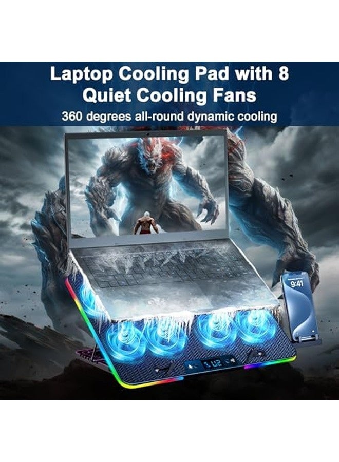 Cestbella RGB Laptop Cooling Pad with 8 Quiet Fans | Adjustable Stand for 12–17 Inch Laptops | Dual USB, 7 Height Levels, LED Light, Gaming Notebook Cooler - Image 2