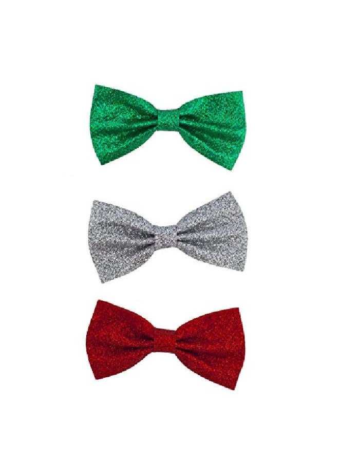 Lux Accessories - Christmas Xmas Red Green Silver Glitter Bow Hair Clips (3Pc) - Image 1