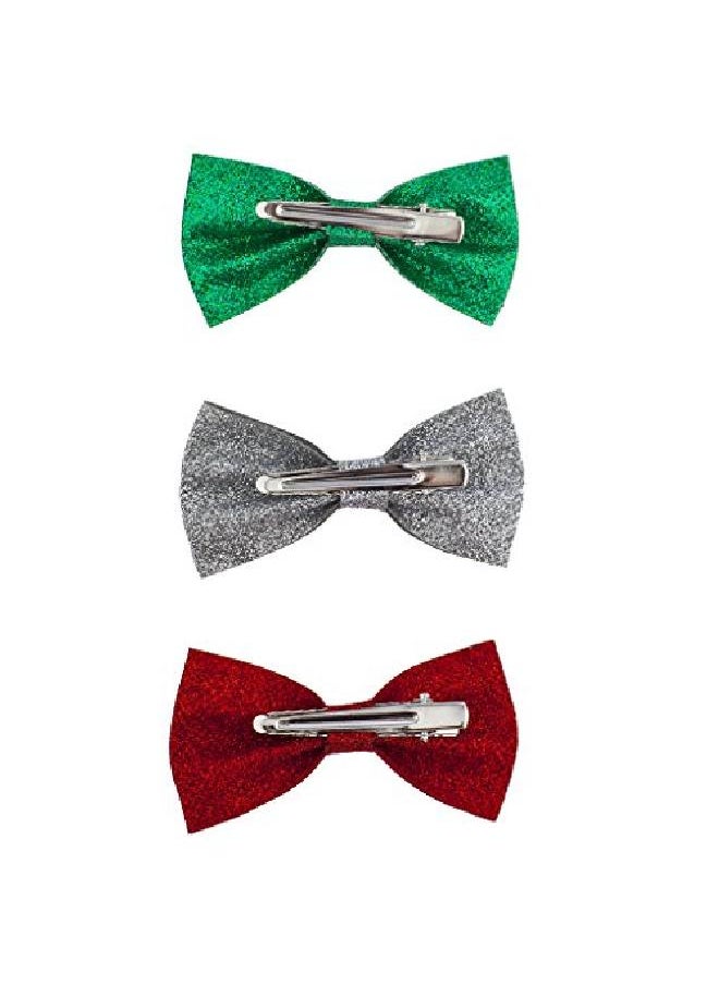 Lux Accessories - Christmas Xmas Red Green Silver Glitter Bow Hair Clips (3Pc) - Image 1