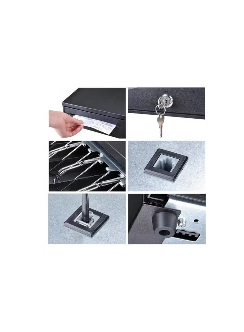 BASEET Heavy-Duty POS Cash Drawer with 5 Bill & 5 Coin Compartments – Secure Lock – Black Metal Cash Drawer for Retail & Restaurants - Image 4