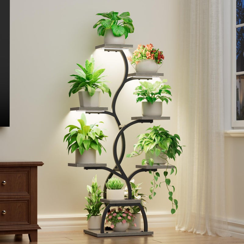 EVAWOO Plant Stand Indoor with Grow Light - 8 Tiered Plant Shelf Indoor, Corner Plant Stand, 49" Tall Plant Shelf with Lights for Indoor Growing, Lighted Flower Holder for Living Room, Balcony (Gray) - Image 1