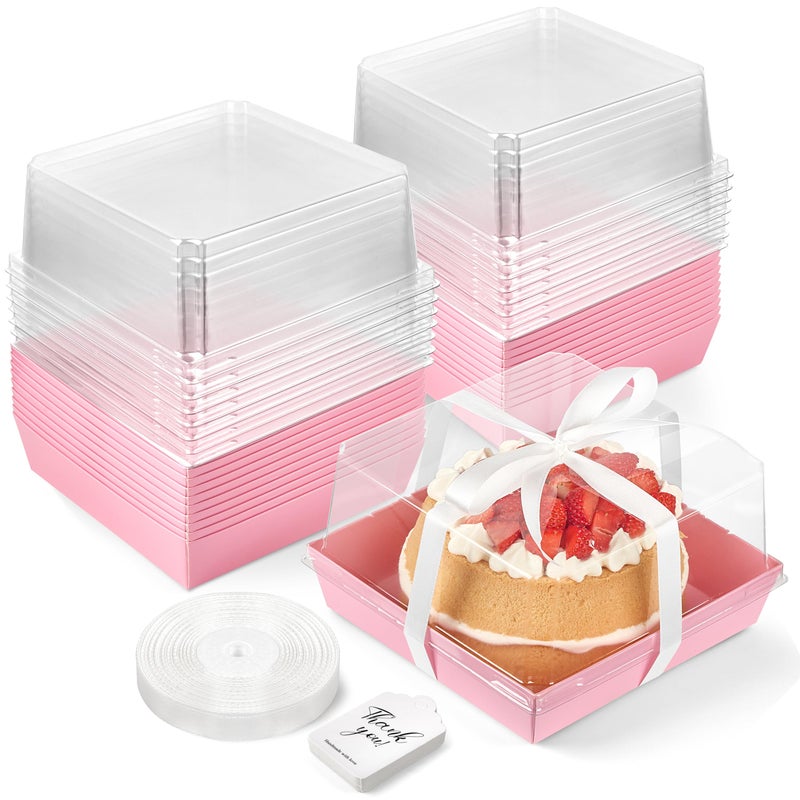 ZORRITA 7 x 7 x 4 Inches Paper Cake Boxes with Clear Lids, 40 Pack Disposable Charcuterie Boxes Square Food Containers for 4-6 Inch Cake, Dessert, Pie, Cupcake, Bakery (Pink) - Image 1