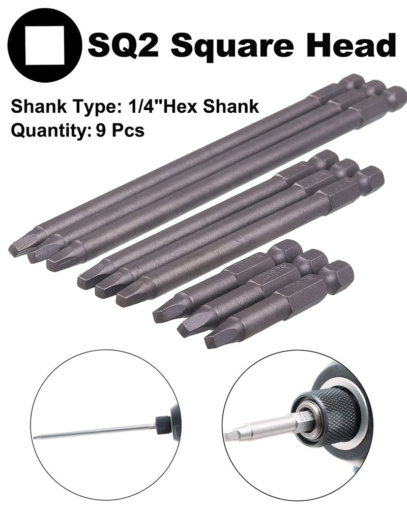 Rocaris 9 Pack 1/4 Inch Hex Shank Long Magnetic Square Head Screwdriver Bits Set Power Tools SQ2 For Poket Hole Jig- 2 inch, 4 inch, 6 inch - Image 3
