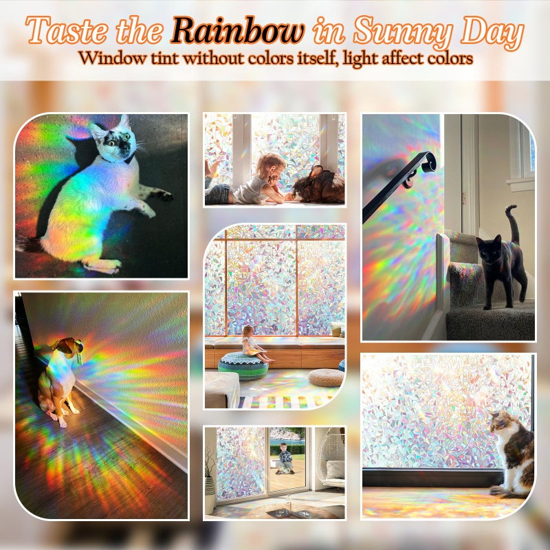 Dwersty Rainbow Window Privacy Film with Cutting Reference Line, 3D Decals Stained Glass Clings, Static Cling Sticker, Suncatcher Windows Cover Tint for Home, 17.5 Inch x 78.74 Inch - Image 3