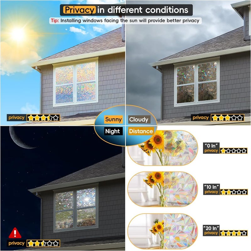 Dwersty Rainbow Window Privacy Film with Cutting Reference Line, 3D Decals Stained Glass Clings, Static Cling Sticker, Suncatcher Windows Cover Tint for Home, 17.5 Inch x 78.74 Inch - Image 4