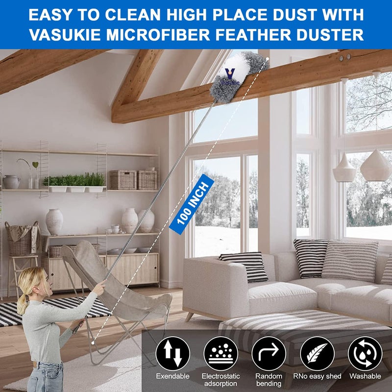Vasukie Fan Cleaner Brush with 30 to 100 Inch Long Extendable Stainless Steel Rod Bendable Microfiber Feather Duster for High Ceiling Fan Cleaning Washable Detachable Anti Scratch Brush 3 Pcs - Image 2