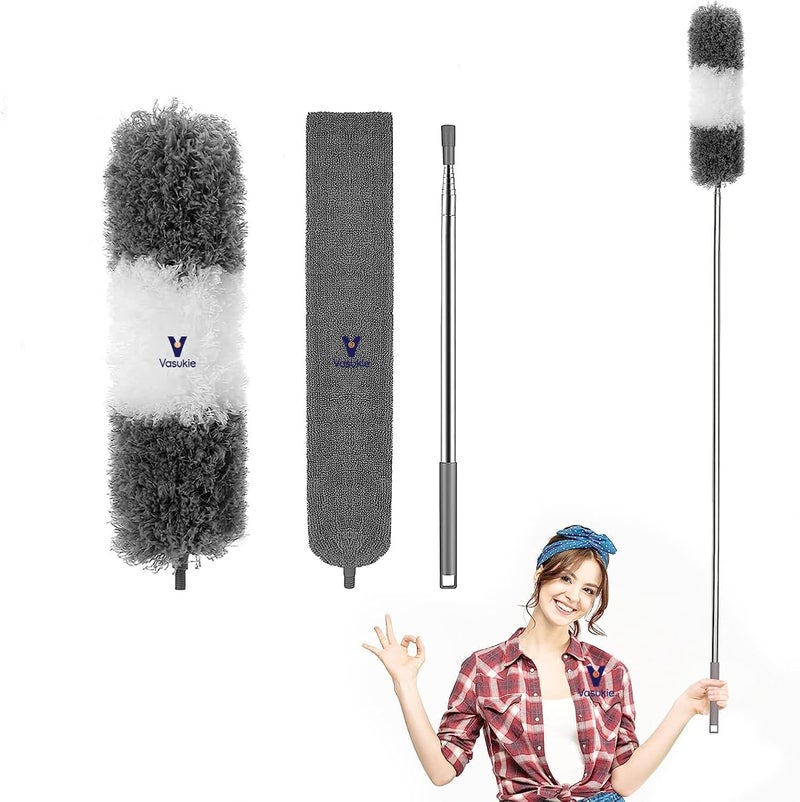 Vasukie Fan Cleaner Brush with 30 to 100 Inch Long Extendable Stainless Steel Rod Bendable Microfiber Feather Duster for High Ceiling Fan Cleaning Washable Detachable Anti Scratch Brush 3 Pcs - Image 1