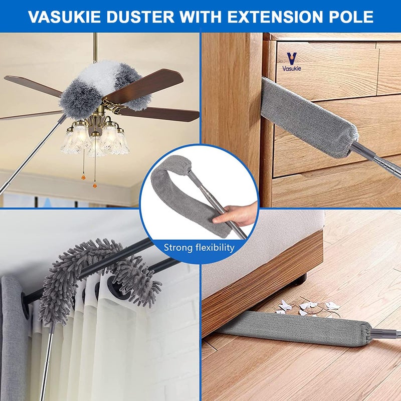 Vasukie Fan Cleaner Brush with 30 to 100 Inch Long Extendable Stainless Steel Rod Bendable Microfiber Feather Duster for High Ceiling Fan Cleaning Washable Detachable Anti Scratch Brush 3 Pcs - Image 4