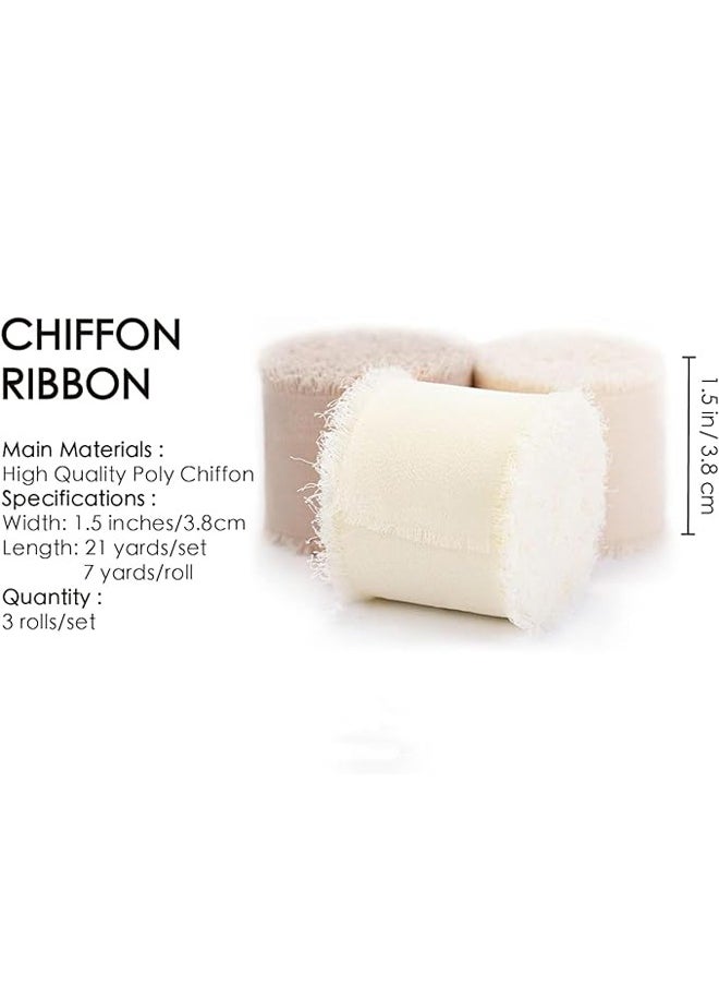 Zeemey 3 Rolls Handmade Fringe Chiffon Silk Ribbon 1 1/2 Inch x 7Yd Nude & White Ribbons Set for Wedding Invitations Bridal Bouquets Gift Wrapping Holiday Decor(4cm*5m)  - Image 2