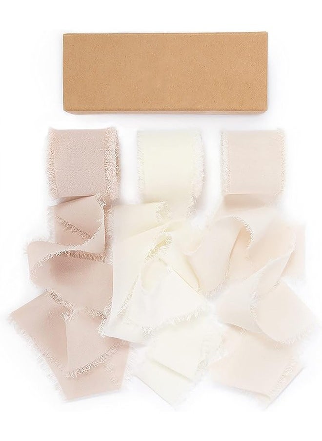 Zeemey 3 Rolls Handmade Fringe Chiffon Silk Ribbon 1 1/2 Inch x 7Yd Nude & White Ribbons Set for Wedding Invitations Bridal Bouquets Gift Wrapping Holiday Decor(4cm*5m)  - Image 1