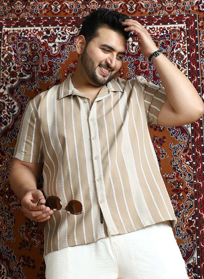 Instafab Plus Instafab Plus Men's Ash Brown Tactile-Lined Cuban Shirt For Casual Wear | Cuban Collar | Short Regular Sleeves | Button Closure | Plus Size Shirt Crafted With Comfort Fit For Everyday Wear