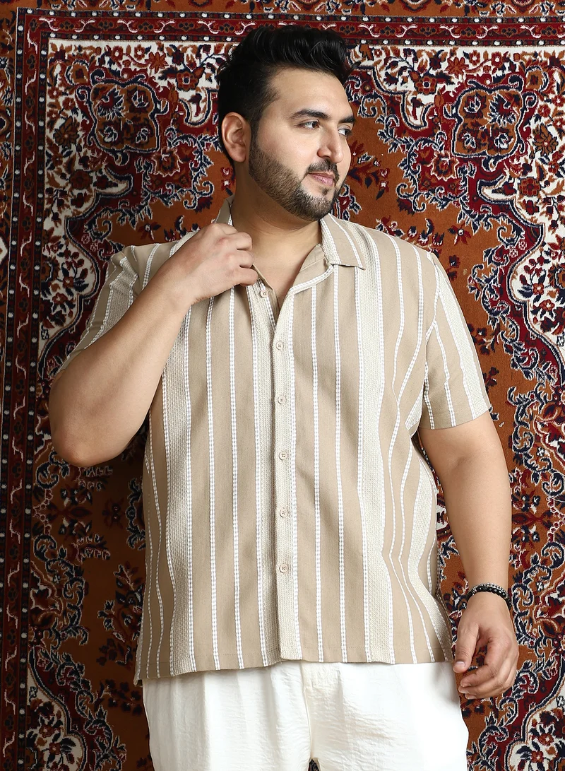 Instafab Plus Instafab Plus Men's Ash Brown Tactile-Lined Cuban Shirt For Casual Wear | Cuban Collar | Short Regular Sleeves | Button Closure | Plus Size Shirt Crafted With Comfort Fit For Everyday Wear