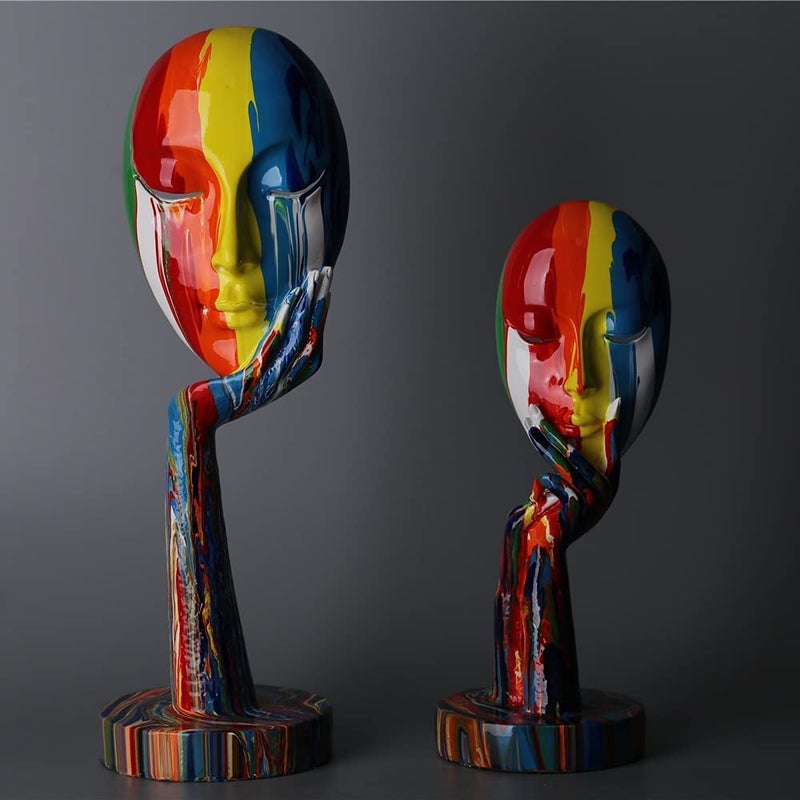 suruim Simple Creative Colorful Female Face Art Statue Thinker Lady Sculpture Abstract Character Crafts Ornament Home Office Bedroom Decoration (Small 11.8x4.3x4.3in) - Image 2