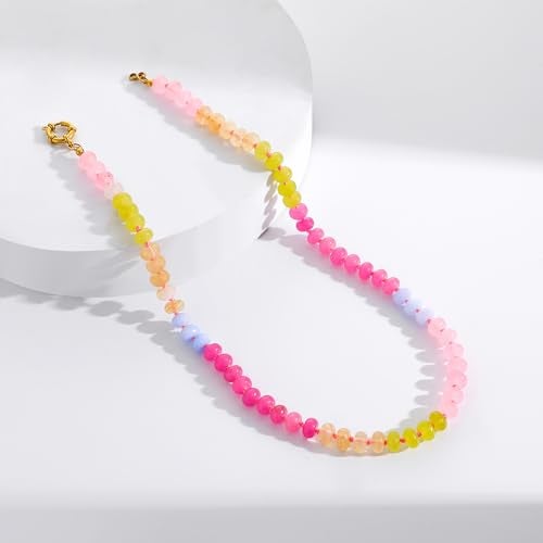 LALAPPLE Colorful Beaded Gemstone Necklace for Women, Boho Rainbow Bead Choker with Natural Stone Crystal Beads, Handmade Summer Beach Necklace Jewelry (G-pink2) - Image 4