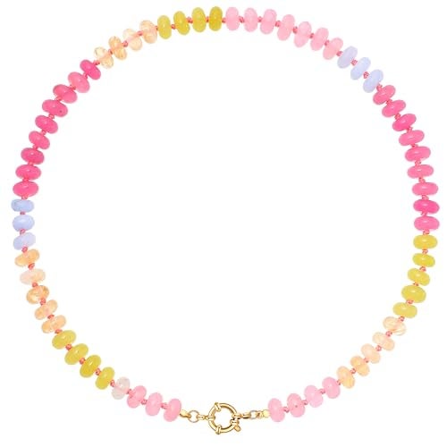 LALAPPLE Colorful Beaded Gemstone Necklace for Women, Boho Rainbow Bead Choker with Natural Stone Crystal Beads, Handmade Summer Beach Necklace Jewelry (G-pink2) - Image 1
