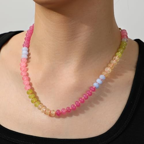 LALAPPLE Colorful Beaded Gemstone Necklace for Women, Boho Rainbow Bead Choker with Natural Stone Crystal Beads, Handmade Summer Beach Necklace Jewelry (G-pink2) - Image 3
