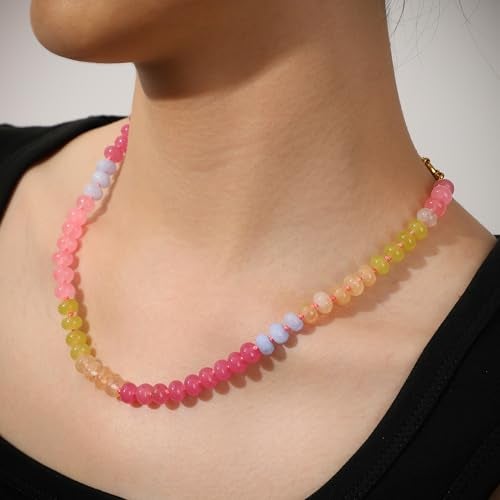 LALAPPLE Colorful Beaded Gemstone Necklace for Women, Boho Rainbow Bead Choker with Natural Stone Crystal Beads, Handmade Summer Beach Necklace Jewelry (G-pink2) - Image 2