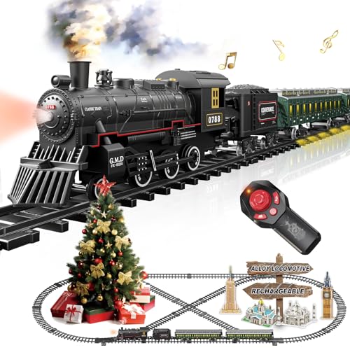 BUBUQE Electric Train Sets Remote Control for Kids Metal Alloy Christmas Train Toys Steam Locomotive Glowing Passenger Carriages Luxury Tracks Light  Sounds Rechargeable Birthday Gifts for Boys Girls Green - Image 1
