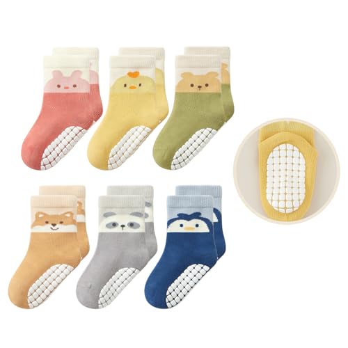 Bearbay Baby Socks 6 Pairs - Non-Slip Gripper for Toddlers, Infants & Kids, Soft Cotton Crew Socks for Boys & Girls - Image 1