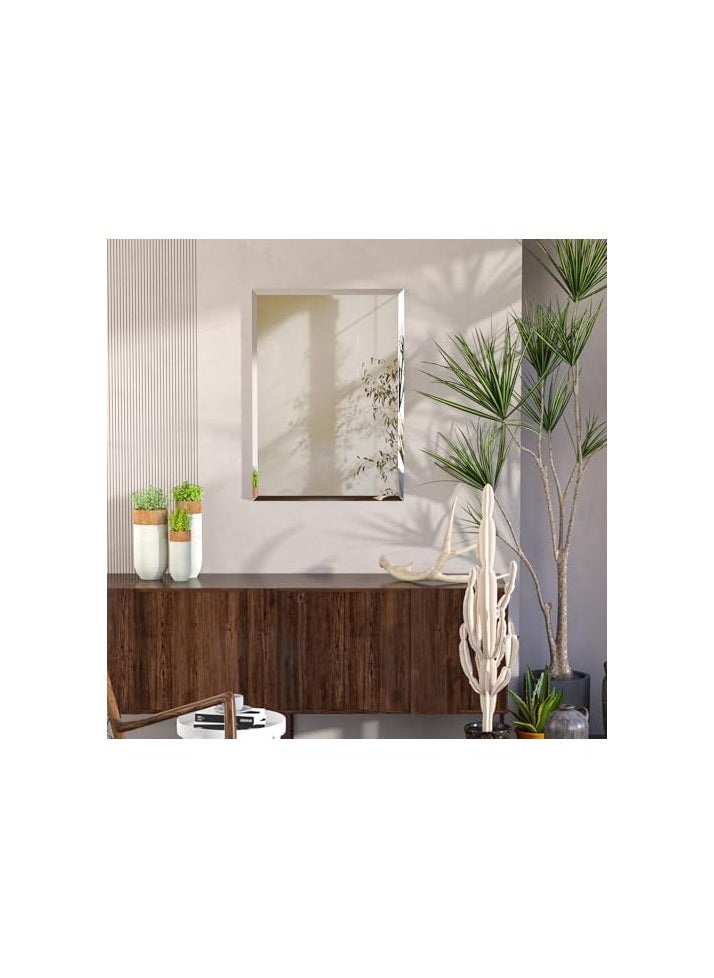 SS SS Tech Wall Mounted Mirror Rectangular: 60x80cm HD Wall Mirror Tempered Glass with Bevelled Thin Frame Vertical or Horizontal Hanging for Bathroom Bedroom Living Room Hallway  - Image 2