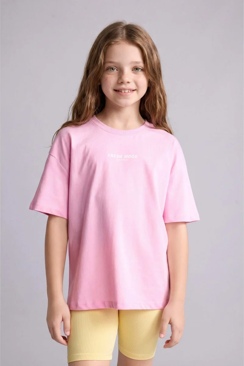 ديفاكتو Girl Crew Neck Printed Short Sleeve Pink T-Shirt