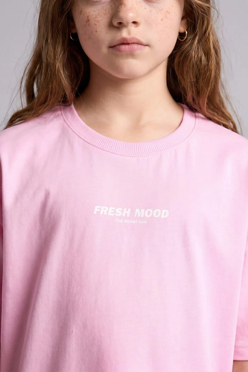 ديفاكتو Girl Crew Neck Printed Short Sleeve Pink T-Shirt