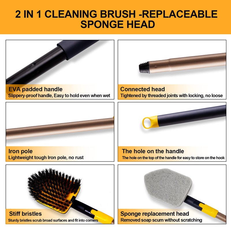 Yocada Tub Tile Scrubber Brush 2 in 1 Cleaning Brush 58.2 Inch Adjustable Telescopic Pole Stiff Bristles Scouring Pads for Cleaning Bathroom Kitchen Toilet Wall Tub Tile Sink Non Scratch - Image 3
