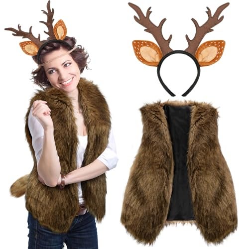 Suhine 3 Pcs Deer Costume Set Deer Antlers Headband with Ears Faux Fur Vest for Christmas Halloween Cosplay(Small) - Image 1
