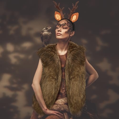 Suhine 3 Pcs Deer Costume Set Deer Antlers Headband with Ears Faux Fur Vest for Christmas Halloween Cosplay(Small) - Image 5
