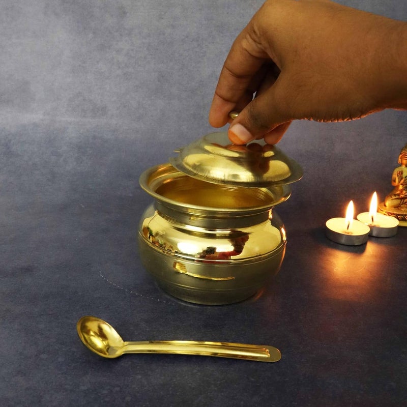 Spillbox Putrika Brass Ghee Pot with SpoonOil PotStorage Container with SpoonGhee Serving Container for Kitchen Capacity 400ml Weight 200gm - Image 3