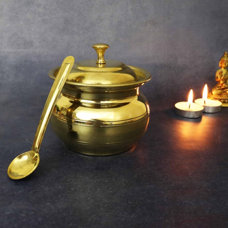 Spillbox Putrika Brass Ghee Pot with SpoonOil PotStorage Container with SpoonGhee Serving Container for Kitchen Capacity 400ml Weight 200gm - Image 2