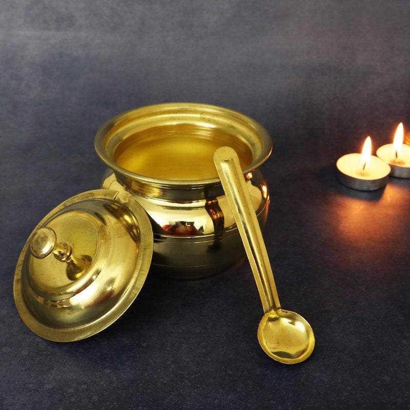 Spillbox Putrika Brass Ghee Pot with SpoonOil PotStorage Container with SpoonGhee Serving Container for Kitchen Capacity 400ml Weight 200gm - Image 4