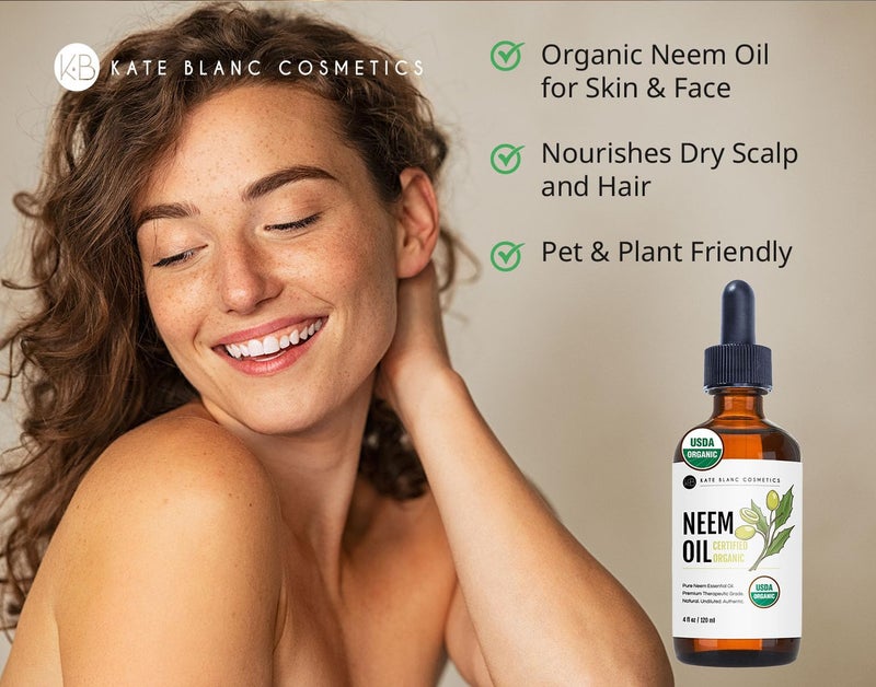 Kate Blanc Cosmetics Neem Oil for Skin, Hair & Face. Safe for Dog, Plants, Scalp & Hair Growth (4oz, Organic, Cold Pressed, Concentrate)