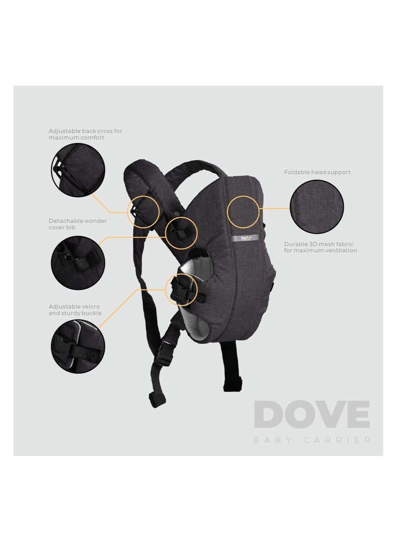 Nurtur Dove Deluxe Infant Baby Carrier – Premium Fabric, Dual-Facing Comfort, Adjustable Cushioned Straps, & Built-In Baby Bib - Black  - Image 4