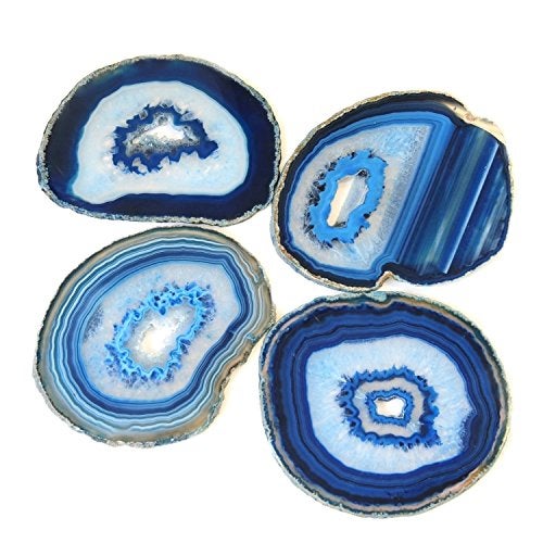 JIC Gem Extra Blue 4-5" Dyed Color Natural Agate Coasters Polished Geode Stone Coasters Agate Slices Set of 4 with Protective Rubber Bumper Home Decorative - Image 1