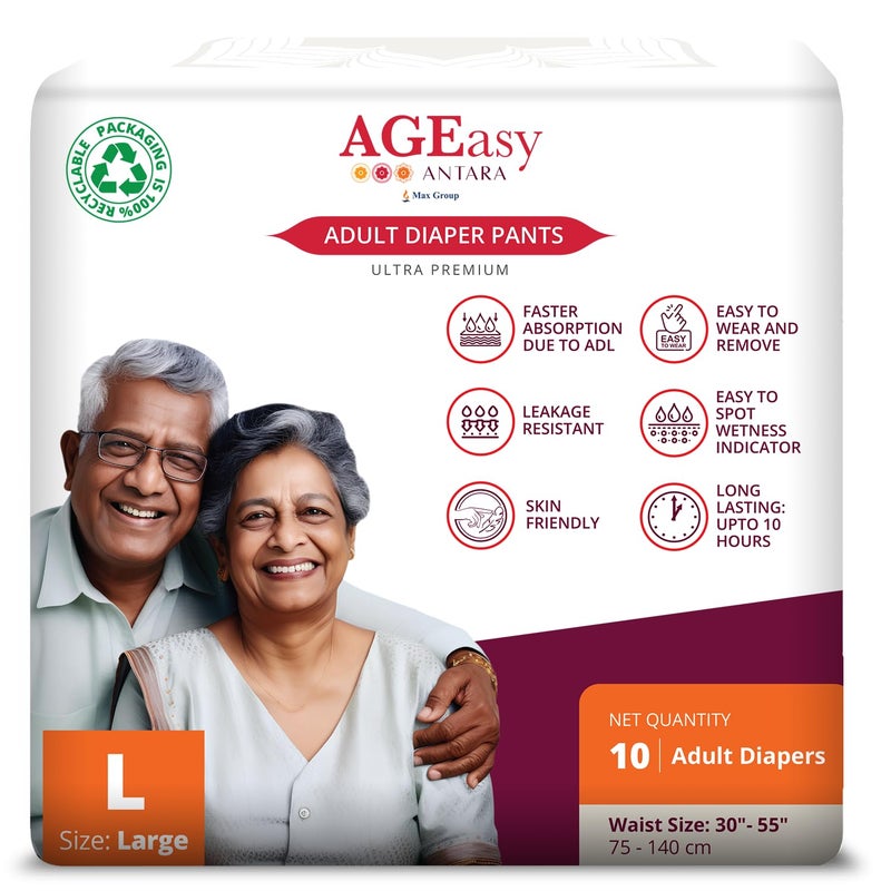 AGEasy (ماكس جروب) حفاضات بانت للبالغين للجنسين مع مؤشر الرطوبة | قفل الرائحة ومضاد للبكتيريا | حفاضات بأسلوب بنطلون صديقة للبشرة لسهولة الارتداء والإزالة | عبوة من 1 (10 قطعة) (L) - Image 1