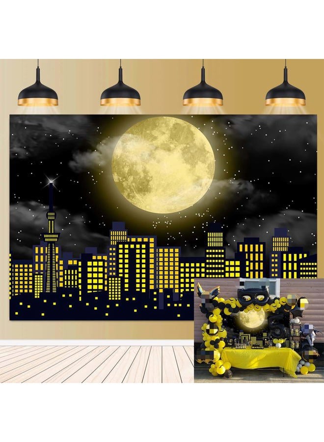 CINRAY Super City Superhero Backdrop for Photography 7x5FT Yellow Full Moon Skyline Cityscape Theme Photo Background Baby Shower Boys Birthday Party Cake Table Decoration Banner Props (84x60 inch) - Image 1