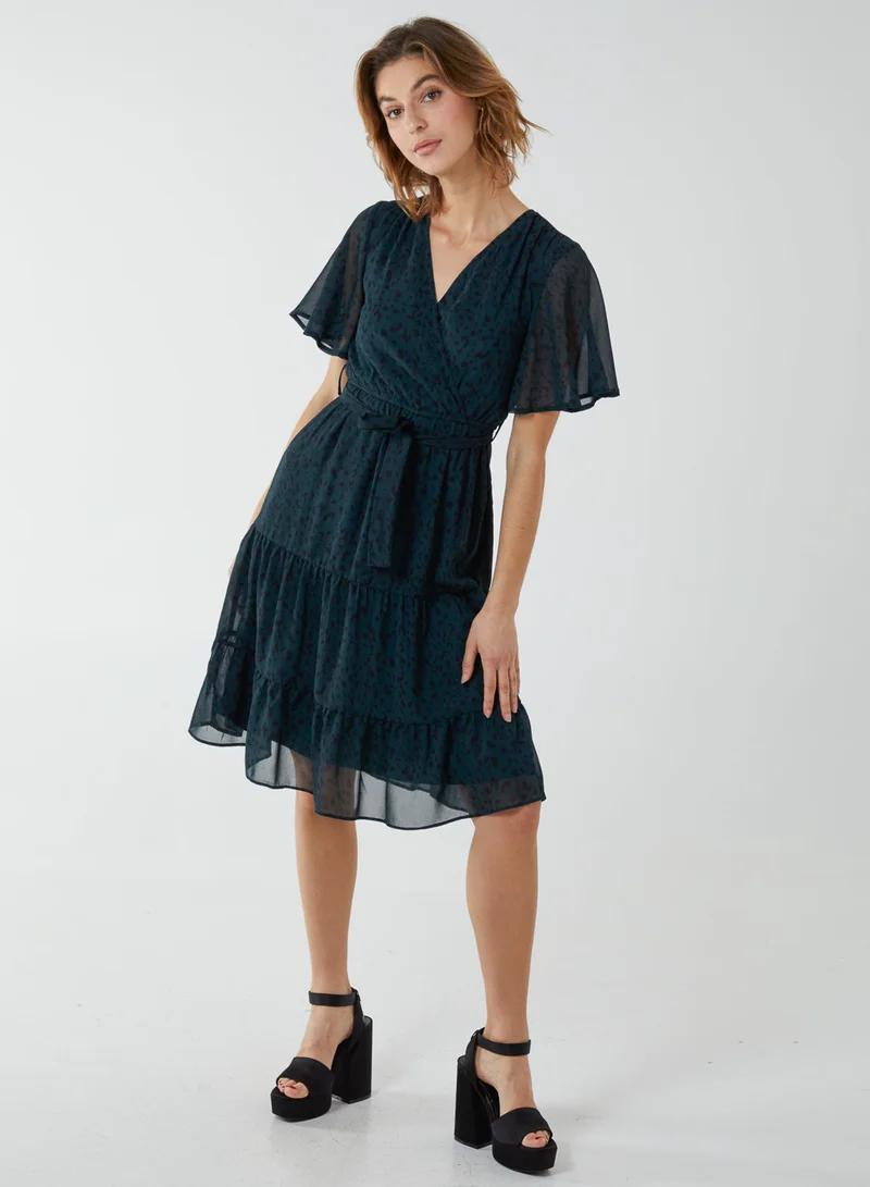 بلو فانيلا Flutter Sleeve Leopard Wrap Front Belted Dress