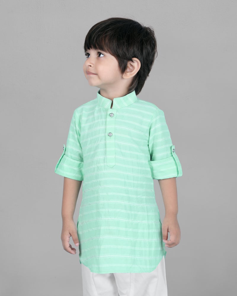 Jhambthreads Kids Sea Green Stripe Kurta for Boys - Image 4