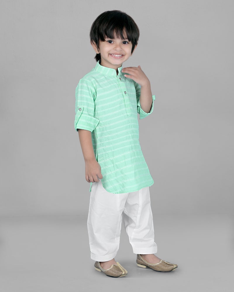 Jhambthreads Kids Sea Green Stripe Kurta for Boys - Image 3